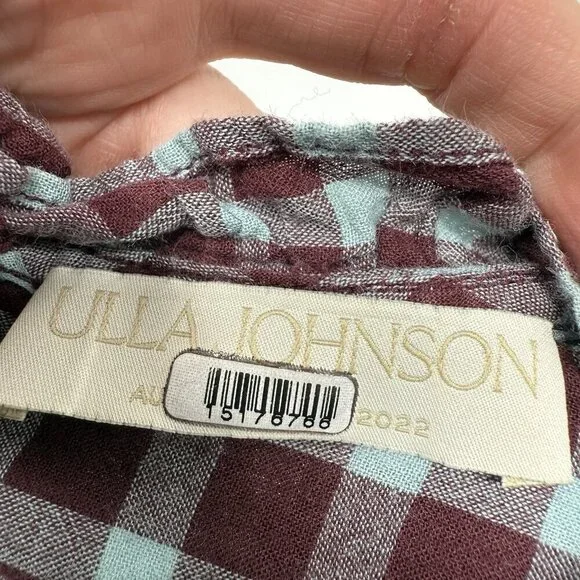 Ulla Johnson Elm Plaid Ruffle Mini Dress Size 8 Burgundy Check Long Sleeve - Picture 10 of 13